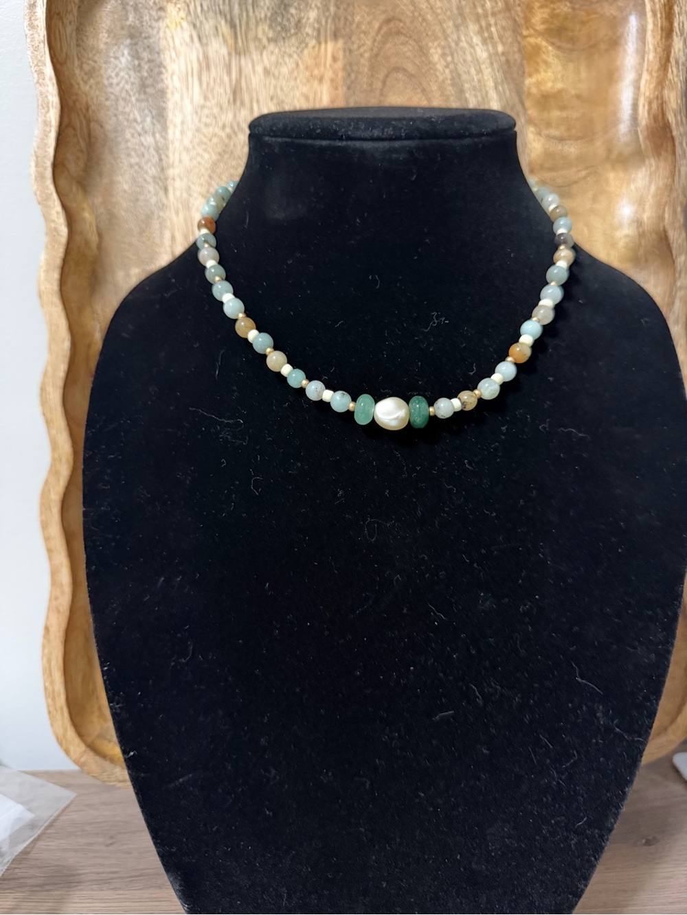 Handcrafted Green Aqua Bead & Pearl Necklace 16”